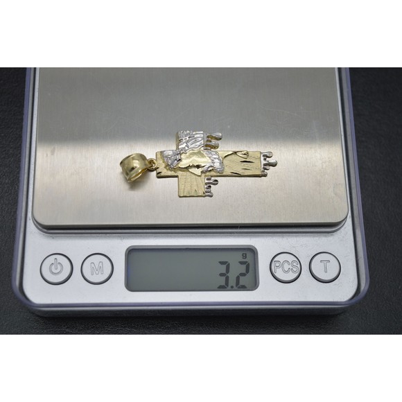 Real 10K Solid Yellow-White Gold 3D Textured Jesus Head Cross Pendant 3.2gr - Picture 6 of 7